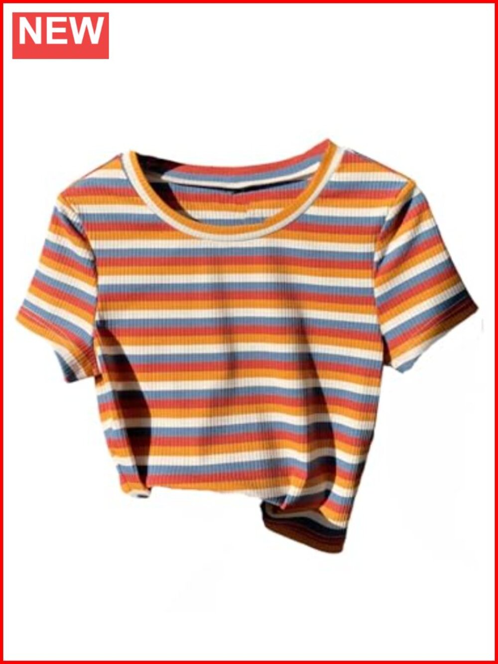 Women's Ribbed Knit Striped Crop Top Short Sleeve Slim Fit Tee